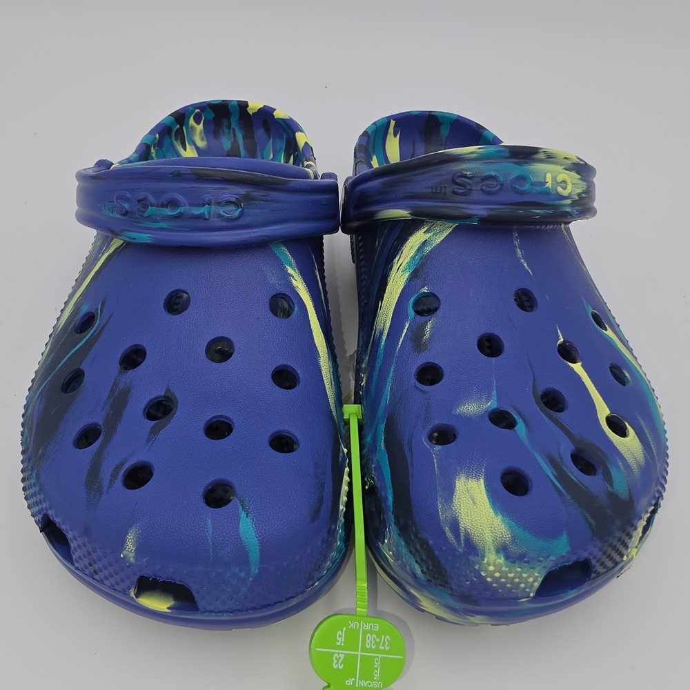 Crocs Classic Marbled Clog Kids Blue Yellow Black J5 207464-4RR NWT